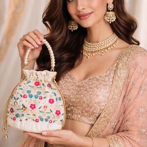 Embroidered Floral Cream Polti thread and sequin-pearl beaded handle